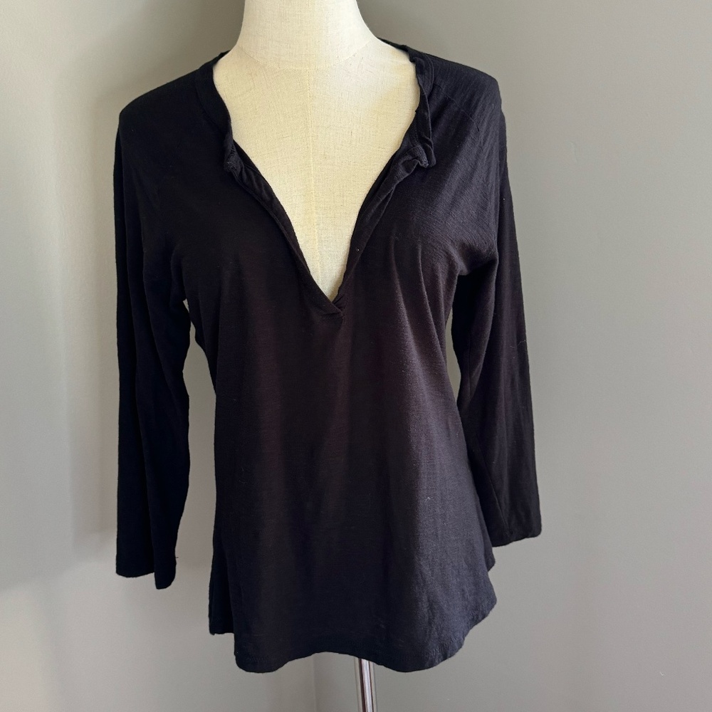James Perse Split Neck Long Sleeve Raglan Tee - Black Medium (size 2) - Picture 2 of 5